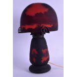 AN ART NOUVEAU FRENCH MULLER FRERES CAMEO GLASS MUSHROOM LAMP decorated with extensive landscapes.