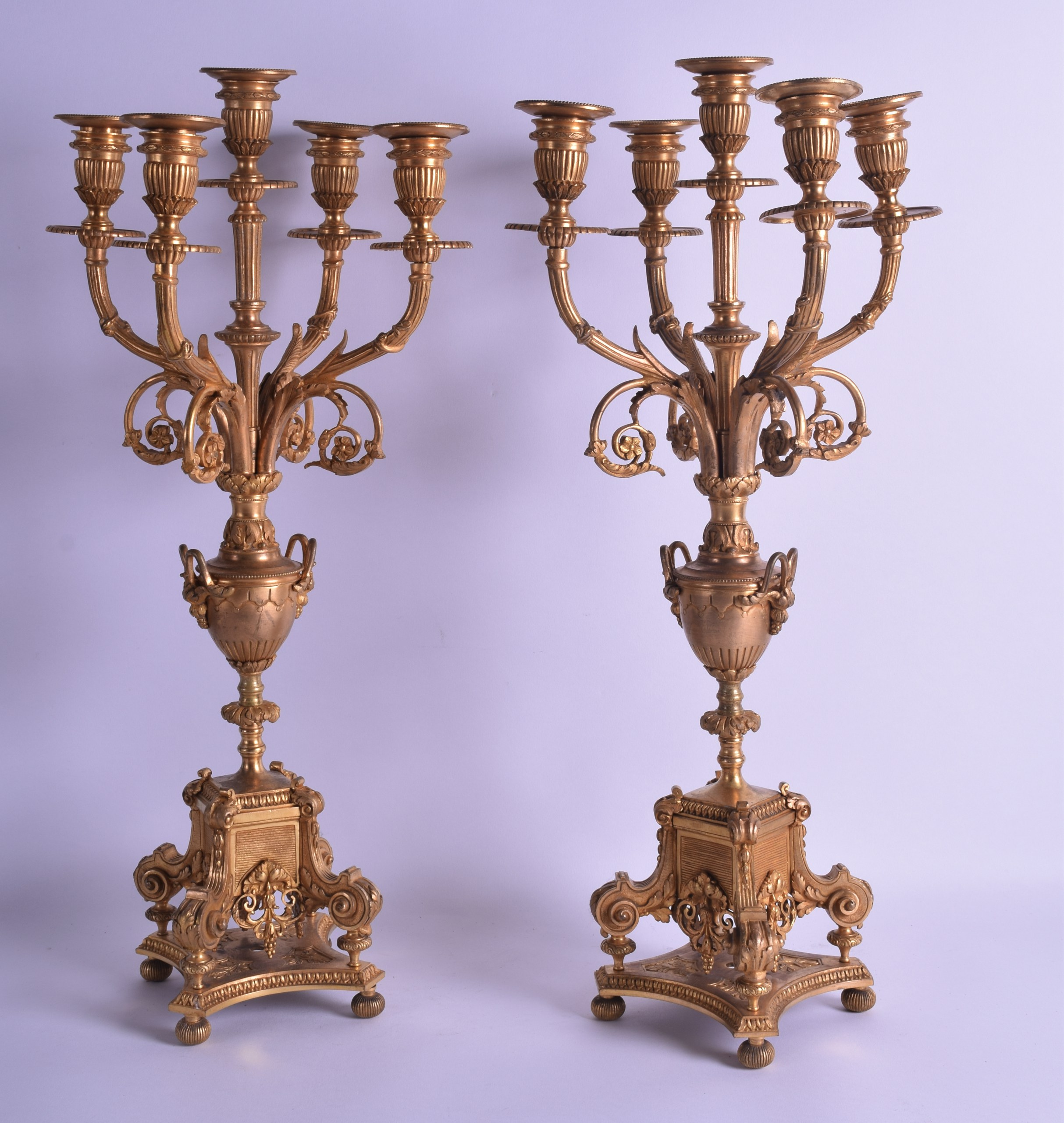 A PAIR OF LATE 19TH CENTURY FRENCH ORMOLU FIVE BRANCH CANDLEABRA modelled with scrolling acanthus - Image 2 of 2