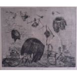 A FRAMED LITHOGRAPHIC PRINT, 5/8, indistinctly signed, abstract. 39 cm x 47 cm.