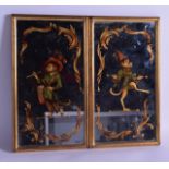 A PAIR OF VINTAGE VENETIAN GILT MIRRORS decorated with two parading monkeys. 16 cm x 27 cm.