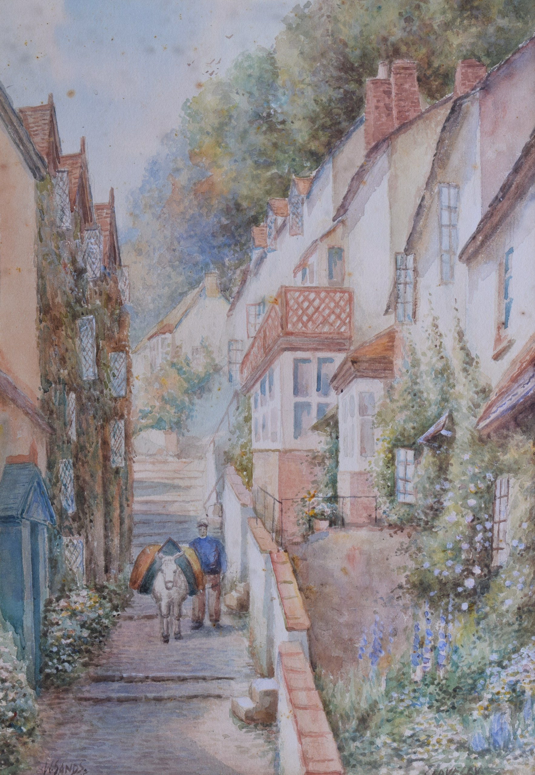 W SANDS (Cornish), Framed Watercolour, signed, a figure & horse walking down a path, Clovelly,