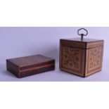 A 19TH CENTURY CONTINENTAL SQUARE FORM TEA CADDY AND COVER together with a smaller rectangular box &