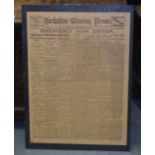 A FRAMED WWI NEWSPAPER CUTTING dated Monday November 11th 1918.