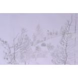 A FRAMED LIMITED EDITION PRINT, indistinctly signed in pencil, 6/25, trees in a winter landscape. 40
