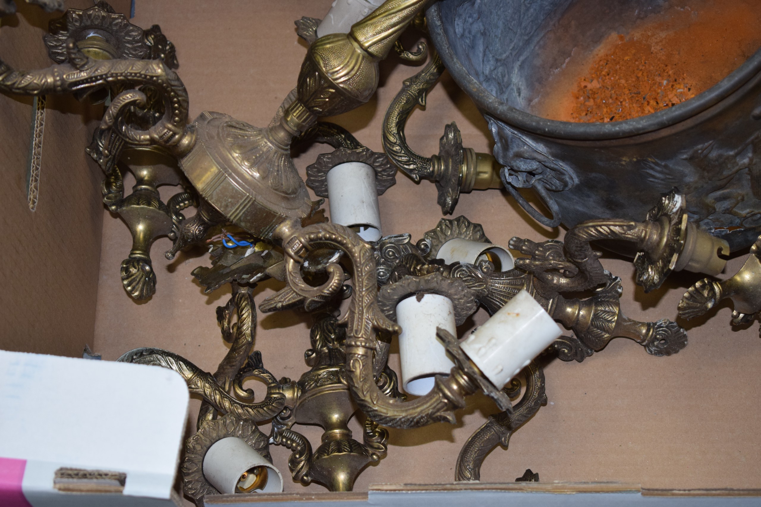A BOX OF ASSORTED FRENCH GILT METAL LIGHT FITTINGS together with a car lamp etc. (qty) - Image 2 of 2