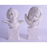 A PAIR OF 19TH CENTURY COPELAND PARIAN WARE BUSTS OF PUTTI modelled upon square form bases. 24 cm