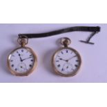 TWO ANTIQUE GOLD PLATES GENTLEMANS POCKET WATCHES with white enamel dial. 5.25 cm diameter. (2)