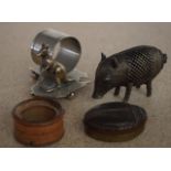 A SMALL BENIN BRONZE FIGURE OF A BOAR together with a Napkin ring, beetle box & another. (4)