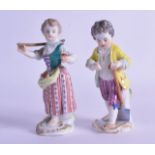 A PAIR OF 19TH CENTURY MEISSEN PORCELAIN FIGURES OF A GIRL AND BOY modelled upon gilt decorated