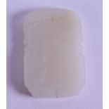 A GOOD CHINESE CARVED WHITE JADE TABLET decorated with a male and toad to one side, the reverse with