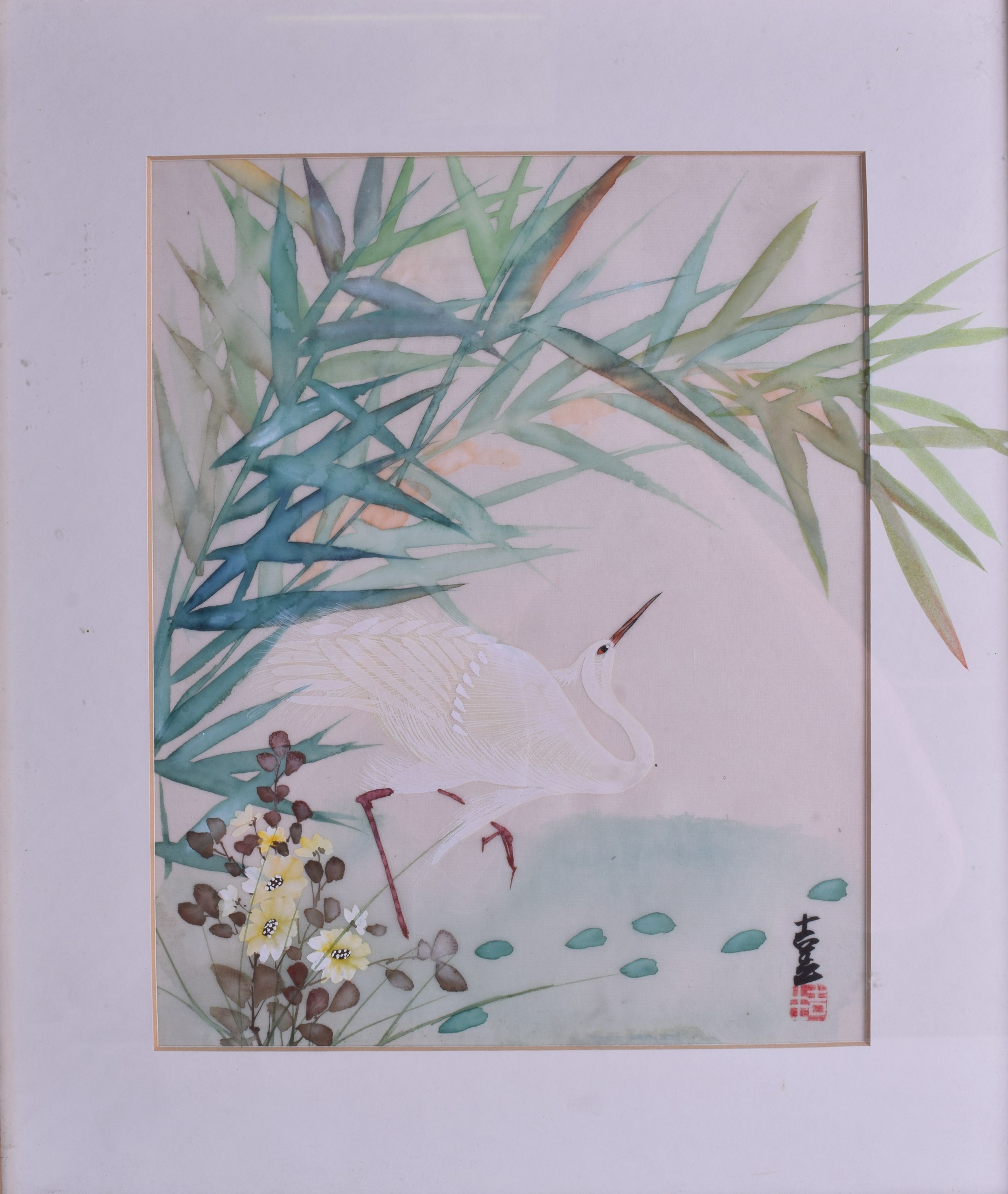 JAPANESE SCHOOL (Mid 20th Century), Framed Gouache & Watercolour on Silk, signed, stork in a