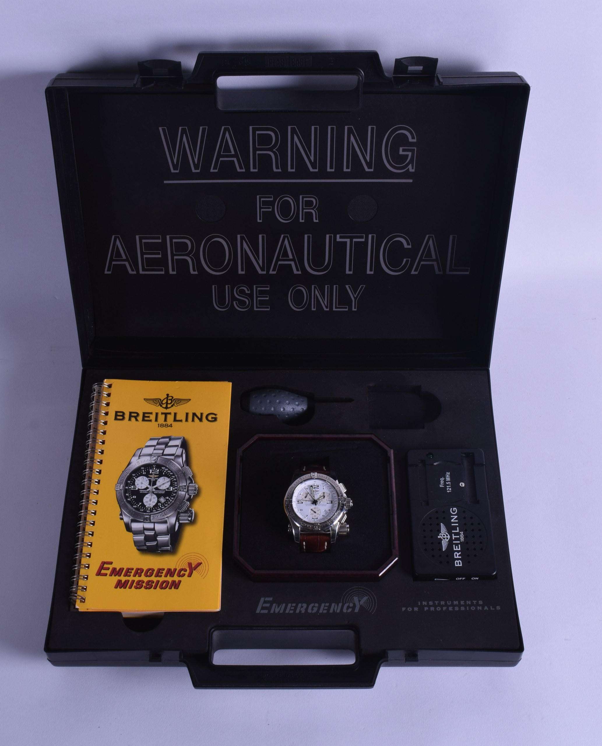 A GOOD CASED BREITLING CHRONOMETER 'EMERGENCY MISSION' WRISTWATCH with original case, parts and