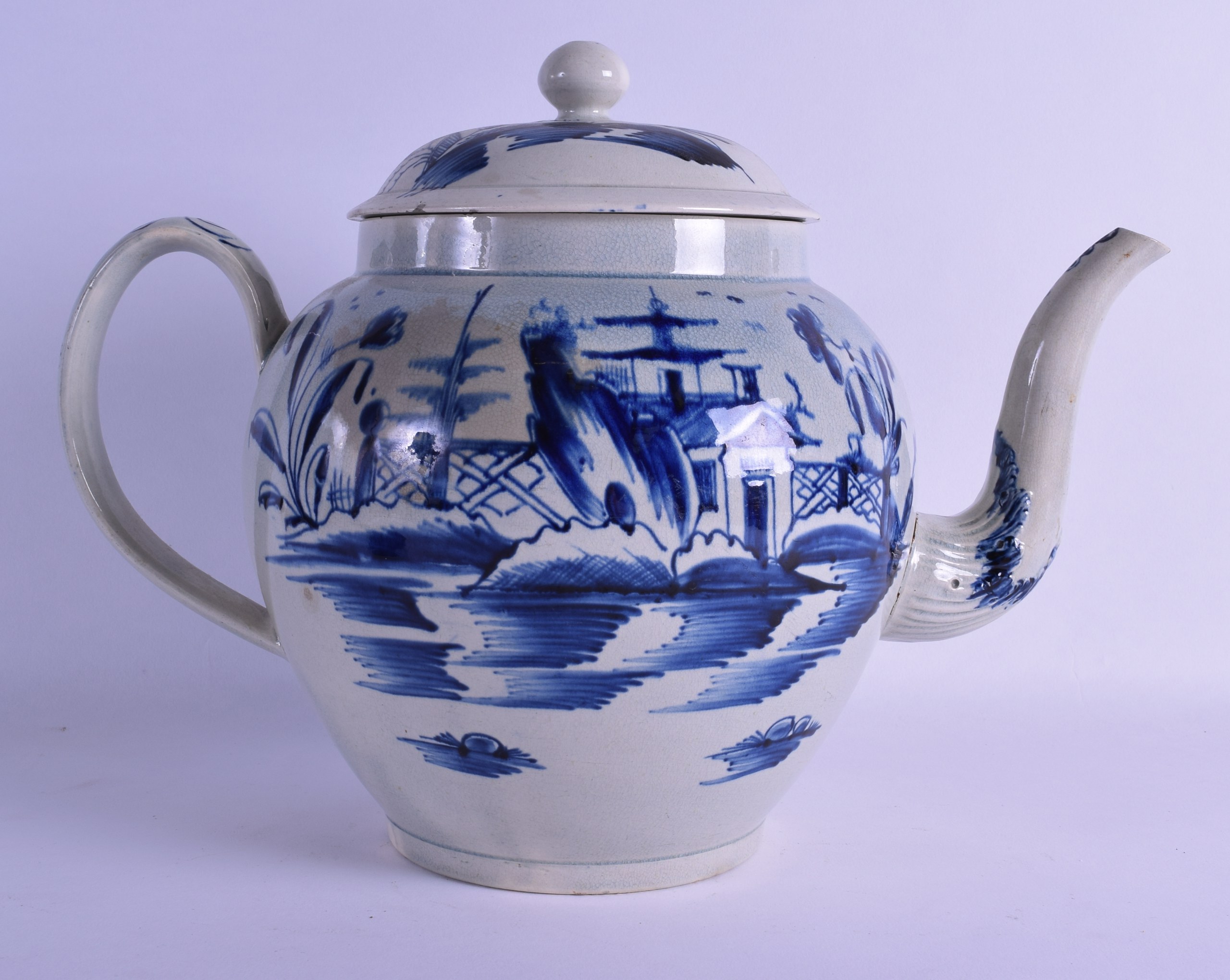 A LARGE EARLY 19TH CENTURY ENGLISH PEARLWARE PUNCH POT AND COVER painted with a house within a