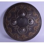 A TURKISH OTTOMAN STEEL CIRCULAR SHIELD overlaid with bronze scrolling foliage and motifs. 33 cm