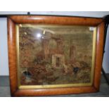 A LARGE VICTORIAN FRAMED WOOLWORK EMBROIDERY depicting figures within a landscape. Image 52 cm x