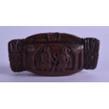 A MID 19TH CENTURY CONTINENTAL CARVED COQUILLA NUT SNUFF BOX decorated with flowers and figures. 8