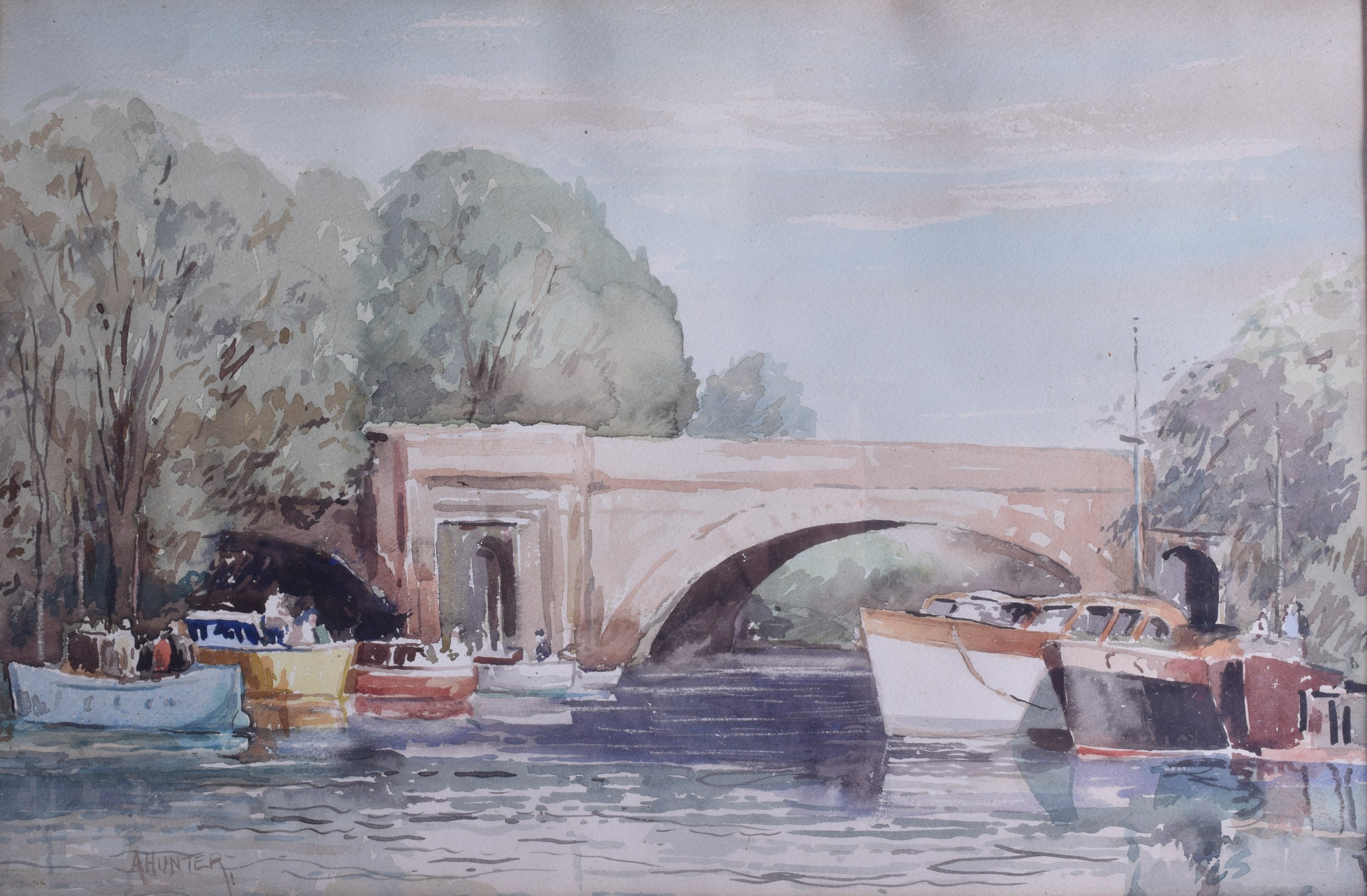 A HUNTER (British), Framed Watercolour, signed, boats in a river. 28 cm x 42 cm.