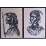 AFRICAN SCHOOL (20th Century), Framed Pair of Watercolours, side profile portrait of a male and