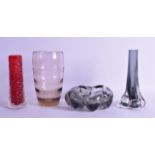 FOUR PIECES OF WHITEFRIARS GLASSWARE including a red knobbled glass vase etc. (4)