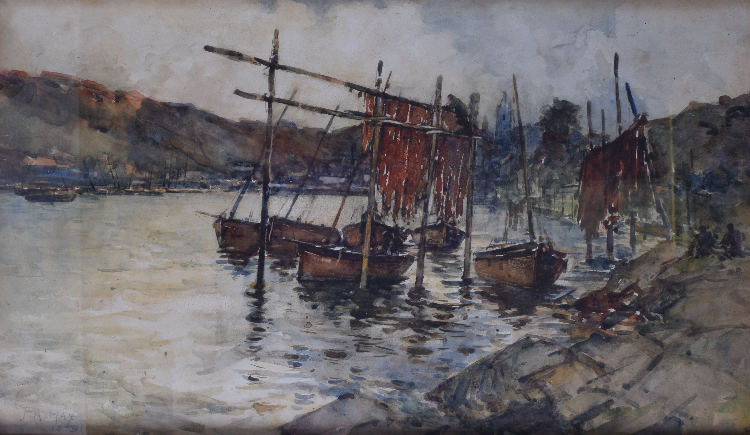 PETER ALEXANDER HAY (1866-1952), Framed Watercolour, signed & dated 1891, moored boats in a