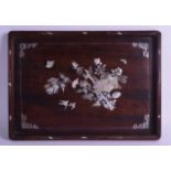 A LATE 19TH CENTURY CHINESE CARVED HONGMU MOTHER OF PEARL INLAID TRAY decorated with birds,