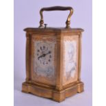 A FINE 19TH CENTURY FRENCH BRONZE CARRIAGE CLOCK inset with three painted ivory panels, depicting