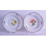 A PAIR OF 19TH CENTURY MEISSEN PORCELAIN DISHES painted with flowers under a brown rim. 22.5 cm