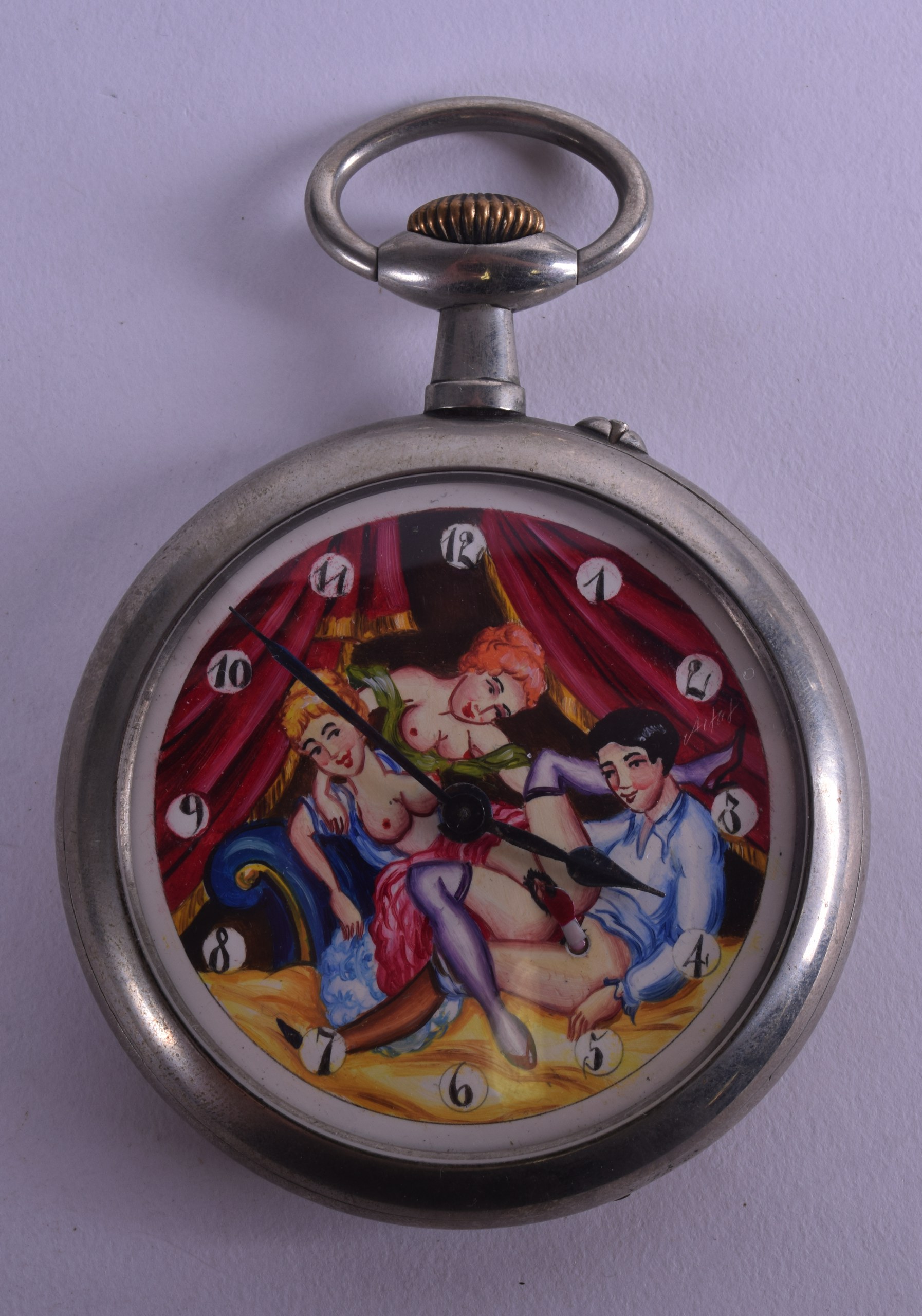 AN UNUSUAL DOXA EROTIC POCKET Watch depicting a male and two females performing exotic acts. 6.5