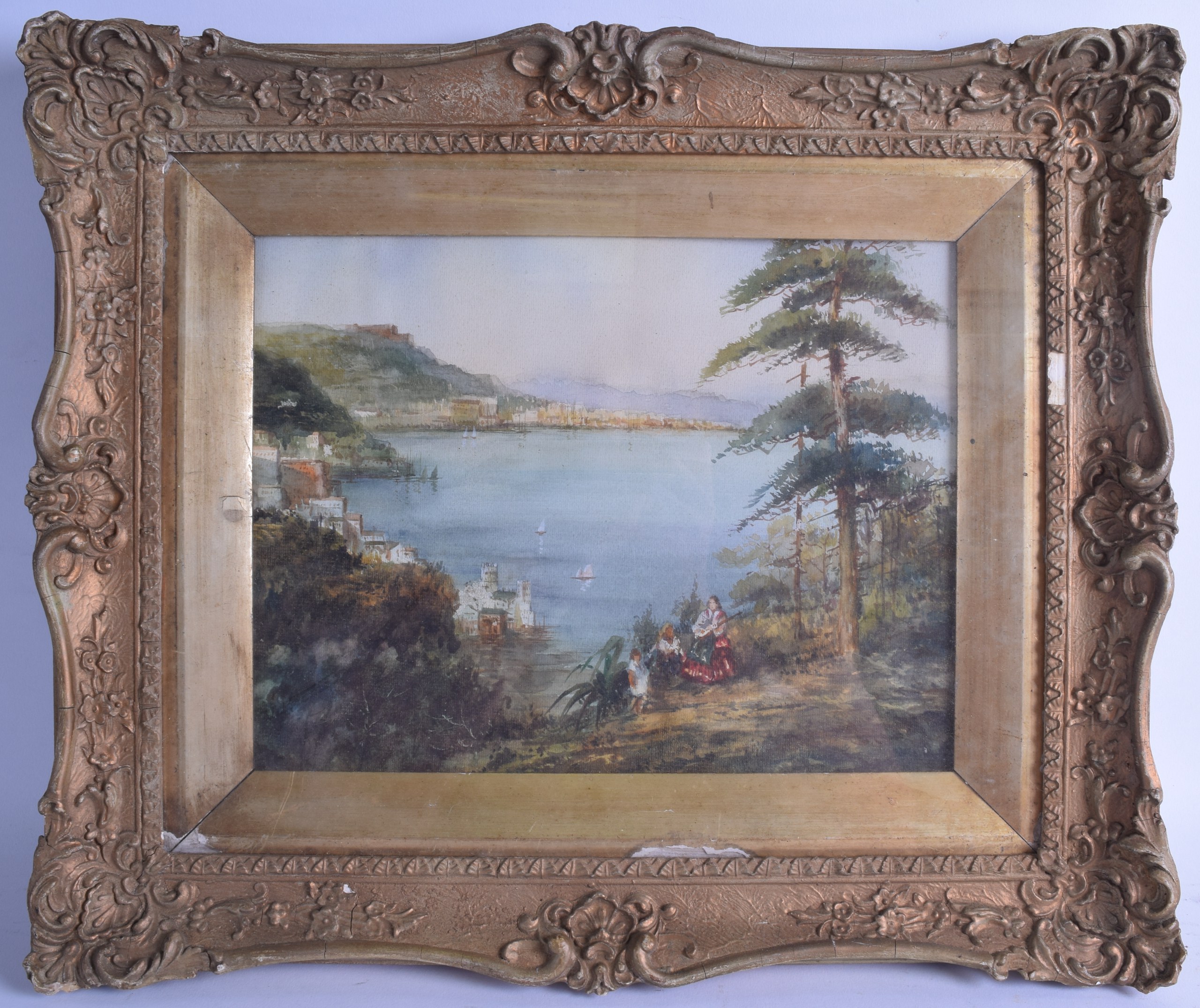 EUROPEAN SCHOOL (Early 20th Century), Framed Watercolour, unsigned, figures in a costal landscape.