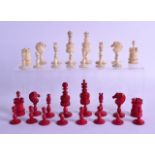 A PART MID 19TH CENTURY EUROPEAN CARVED IVORY CHESS SET within an associated box. Largest piece 8 cm