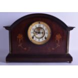 AN EDWARDIAN ANSONIA MAHOGANY MANTEL CLOCK inlaid with two floral swags. 38 cm x 28 cm.