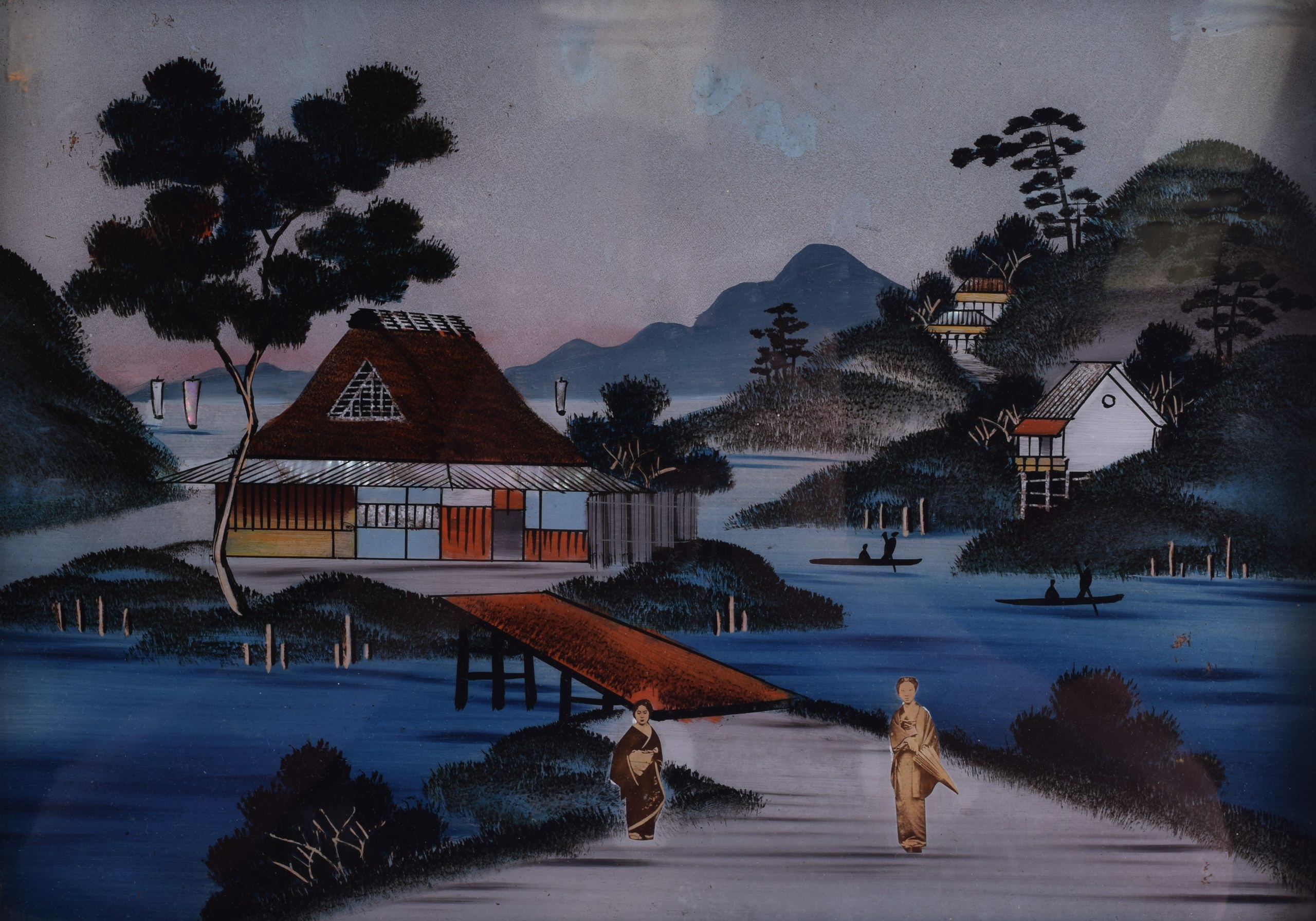 A CHINESE REVERSE PAINTED LANDSCAPE PANEL together with a Chinese watercolour & two Japanese wood