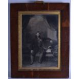 A FRAMED VICTORIAN PRINT, depicting a portly gentleman with bouffant hair seated in an interior.