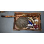 TWO VINTAGE MILITARY HELMETS together with a walking cane, horn powder flask etc. (qty)