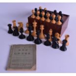 ANTIQUE JACQUES & SON STYLE CARVED WOOD CHESS SET within a mahogany box. Largest piece 8.25 cm high.