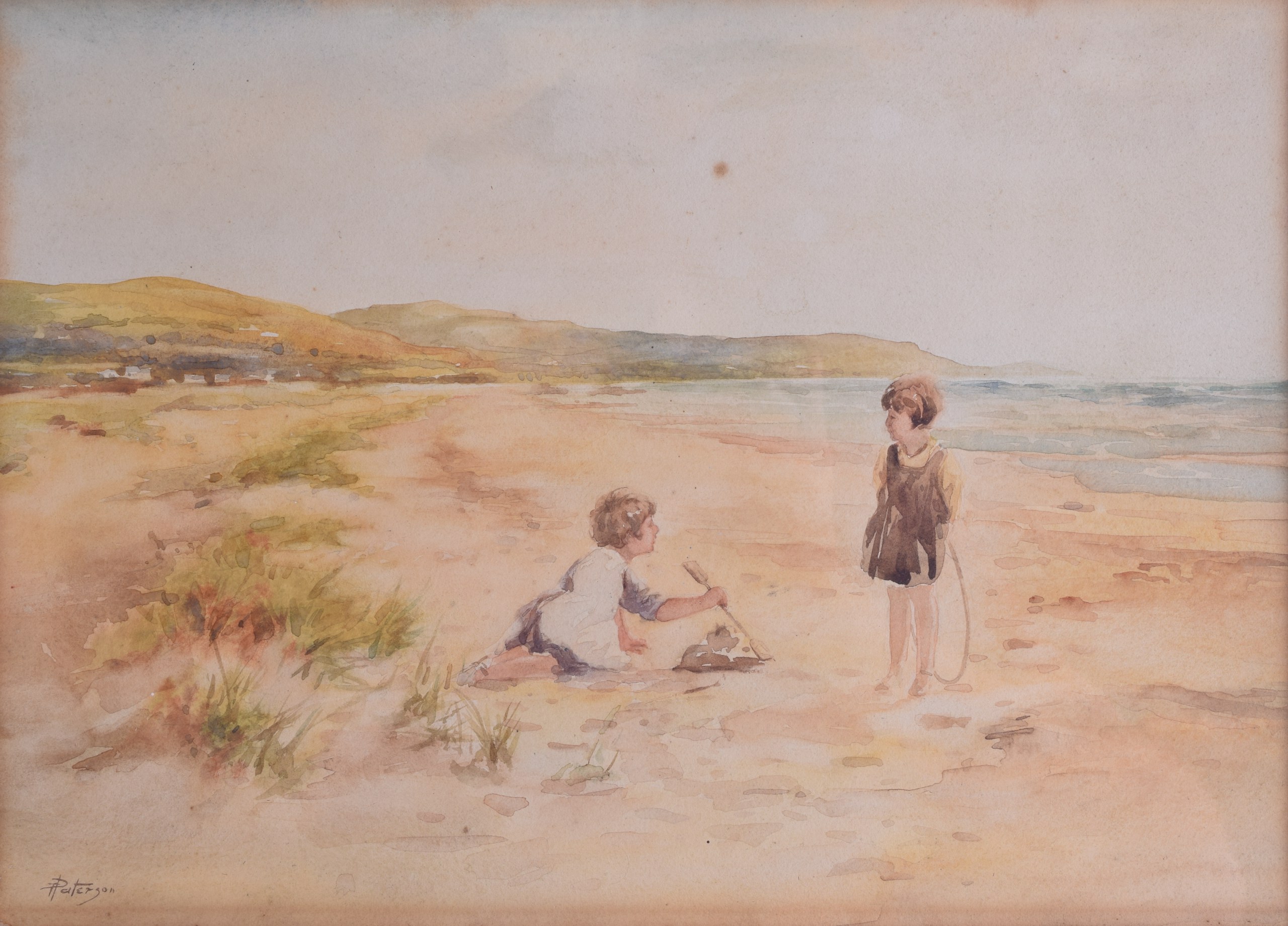 PATERSON (Scottish), Framed Pair Watercolours, signed, young girls building sand castles on a beach,