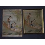 A PAIR OF EARLY 20TH CENTURY CHINESE FRAMED SILK WATERCOLOURS depicting females.