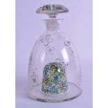 AN UNUSUAL VINTAGE GLASS DECANTER AND STOPPER painted with floral sprays. 22 cm high.
