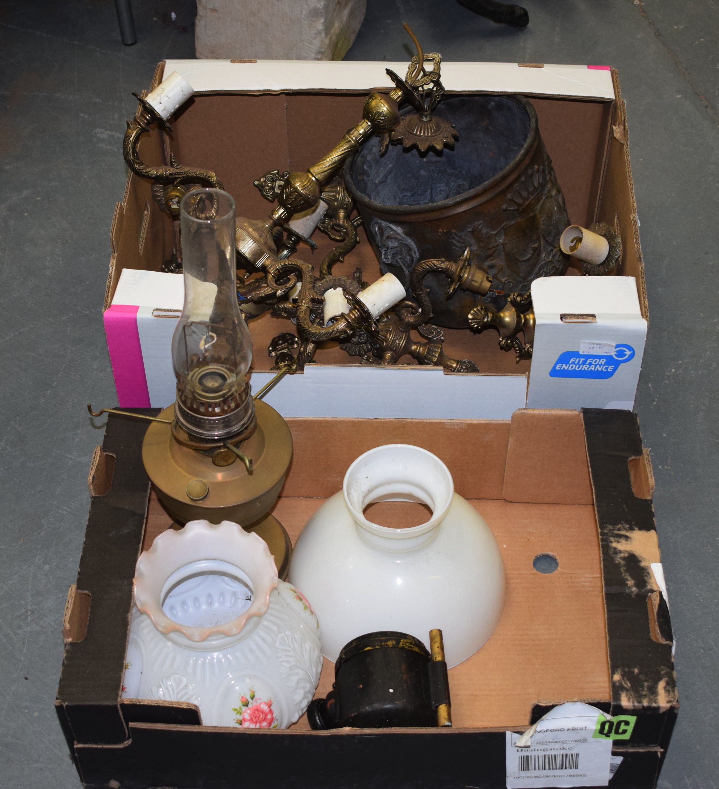 A BOX OF ASSORTED FRENCH GILT METAL LIGHT FITTINGS together with a car lamp etc. (qty)