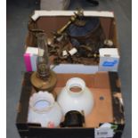 A BOX OF ASSORTED FRENCH GILT METAL LIGHT FITTINGS together with a car lamp etc. (qty)