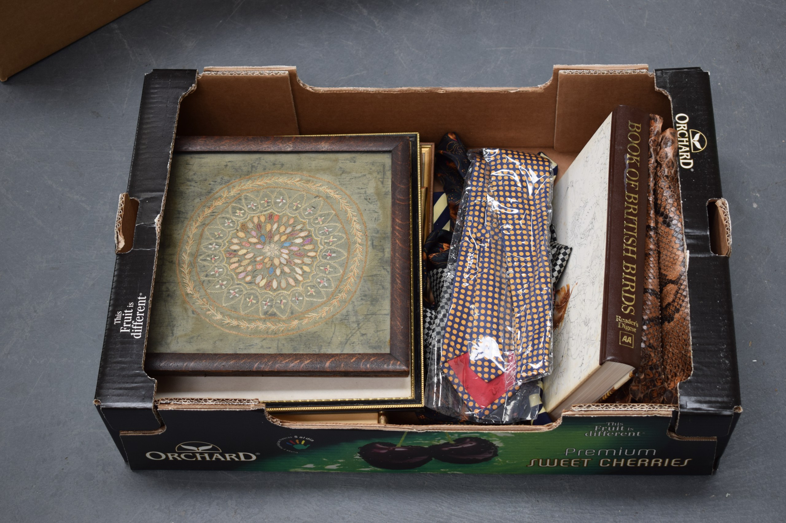 A BOX OF VARIOUS 18TH/19TH CENTURY ENGRAVINGS together with vintage ties, including Dior etc. (qty)