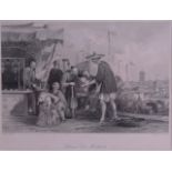 A FRAMED ENGRAVING depicting the Chinese Cat Merchants in Peking. 20 cm x 16 cm.