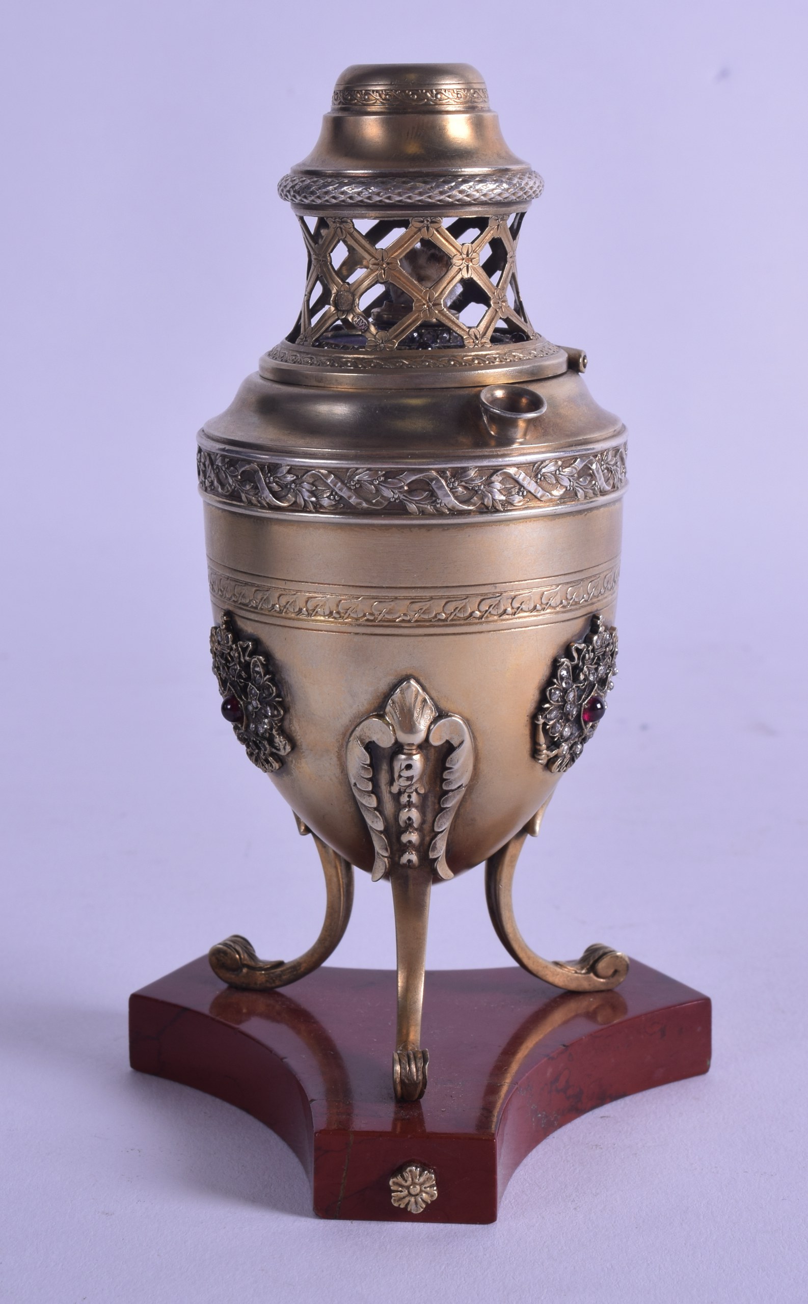 A RUSSIAN SILVER AND ENAMEL OIL LAMP decorated with jewels and crested eagles. 14.5 cm high.