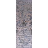 A LATE 19TH CENTURY CHINESE SILKWORK PANEL depicting figures within landscapes. Silk 16 cm x 51 cm.