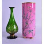 A VICTORIAN PINK OPALINE CYLINDRICAL GLASS VASE enamelled with flowers and butterflies, together