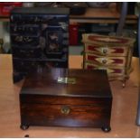 A VICTORIAN CARVED ROSEWOOD JEWELLERY BOX together with an Oriental lacquer box & another. (3)