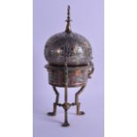 A RARE 19TH CENTURY ISLAMIC CENSER AND COVER ON STAND silver and copper inlaid with extensive