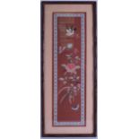 A CHINESE REPUBLICAN PERIOD RED SILKWORK PANEL depicting birds and foliage. Silk 15.5 cm x 52 cm.