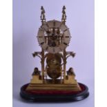 AN ANTIQUE SKELETON CLOCK with openwork silvered dial, mounted with two recumbent lion and unusually