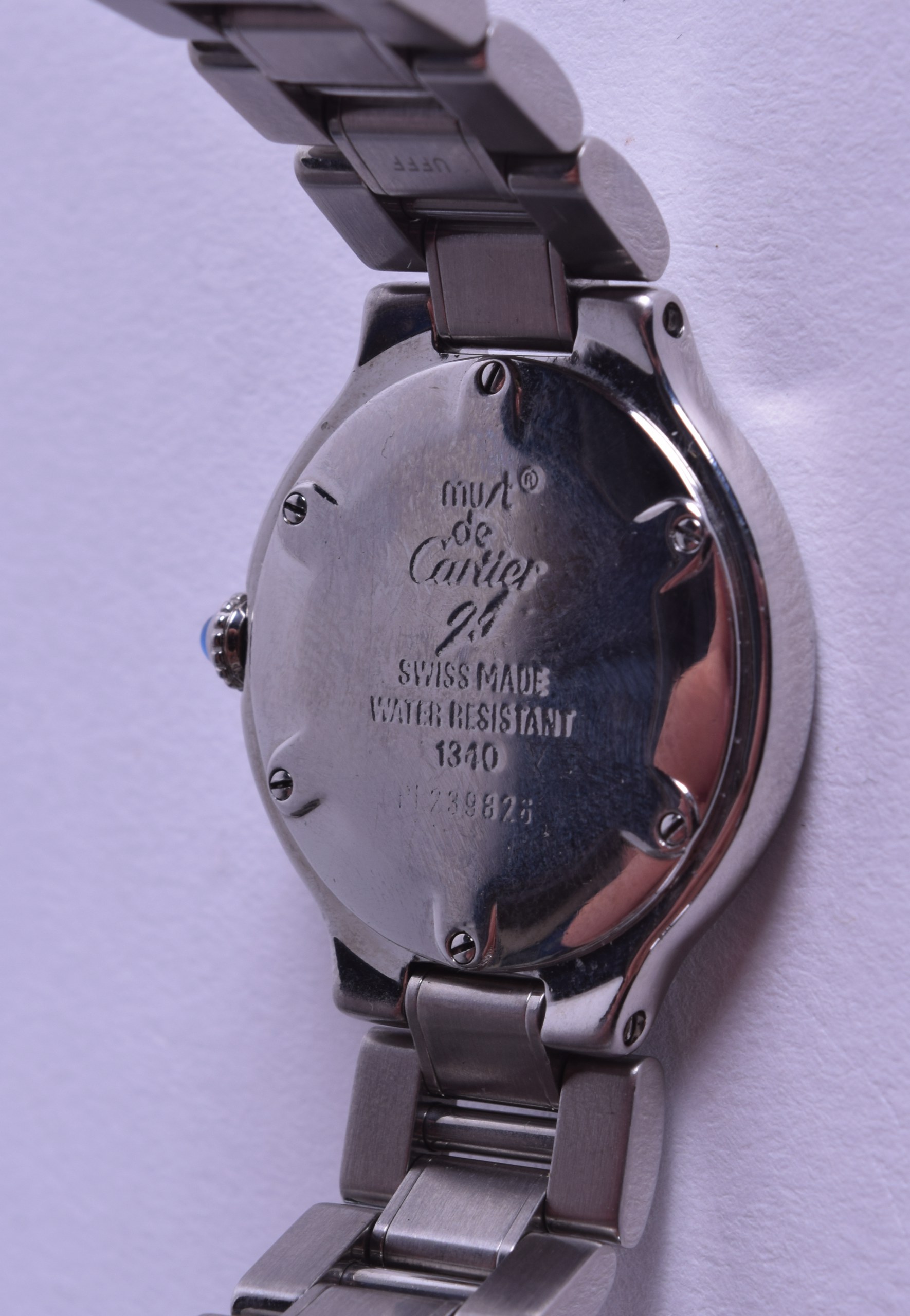 A LADIES STAINLESS STEEL CARTIER WRISTWATCH with sapphire cabochon winder. 2.5 cm wide. - Image 2 of 2